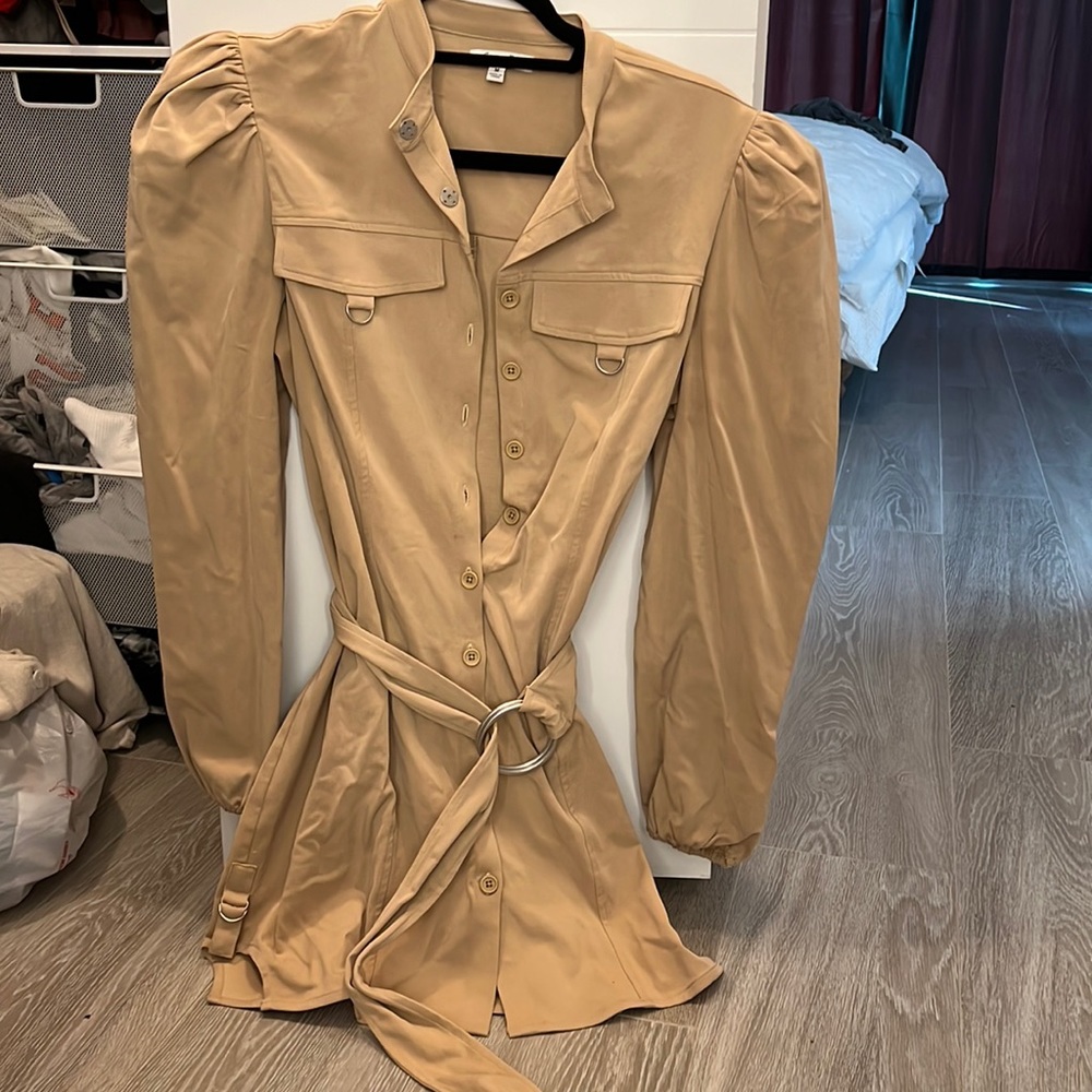 Women's Long Sleeve Utility Shirt Dress - Tan